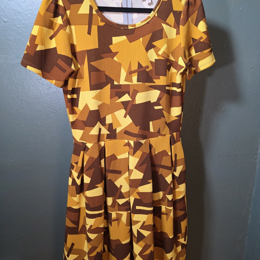 LuLaRoe Amelia Short Sleeve Dress in Yellow & Brown Geometric Print